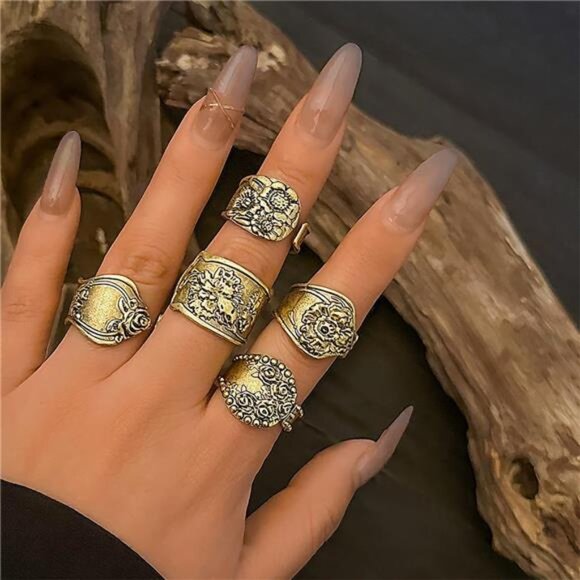 ✨ Bold Boho Spoon Ring Set | Chunky Gold Adjustable Rings | Vintage Floral - Picture 2 of 5